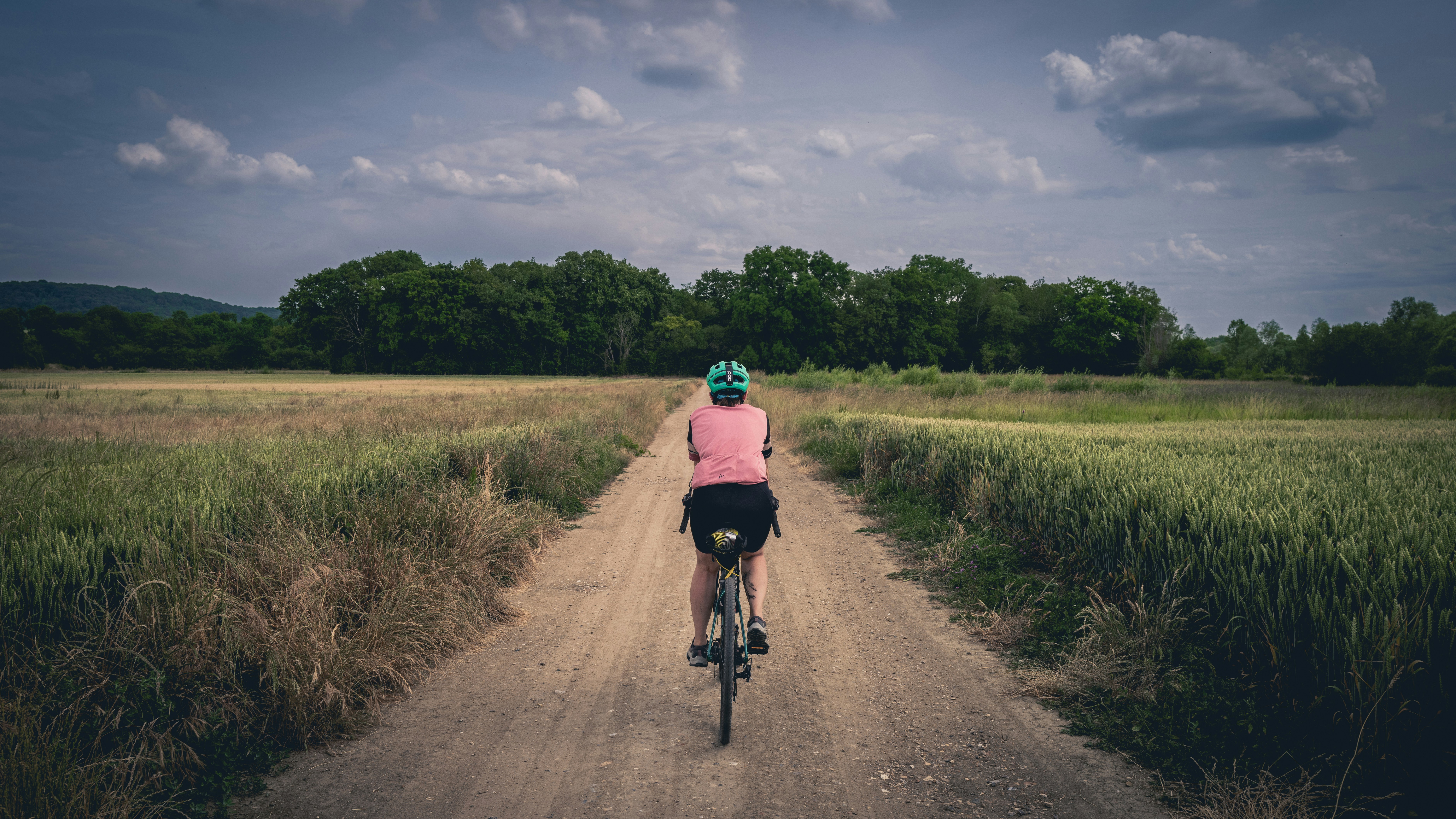 Cyclist riding a road bike outdoors in real conditions.