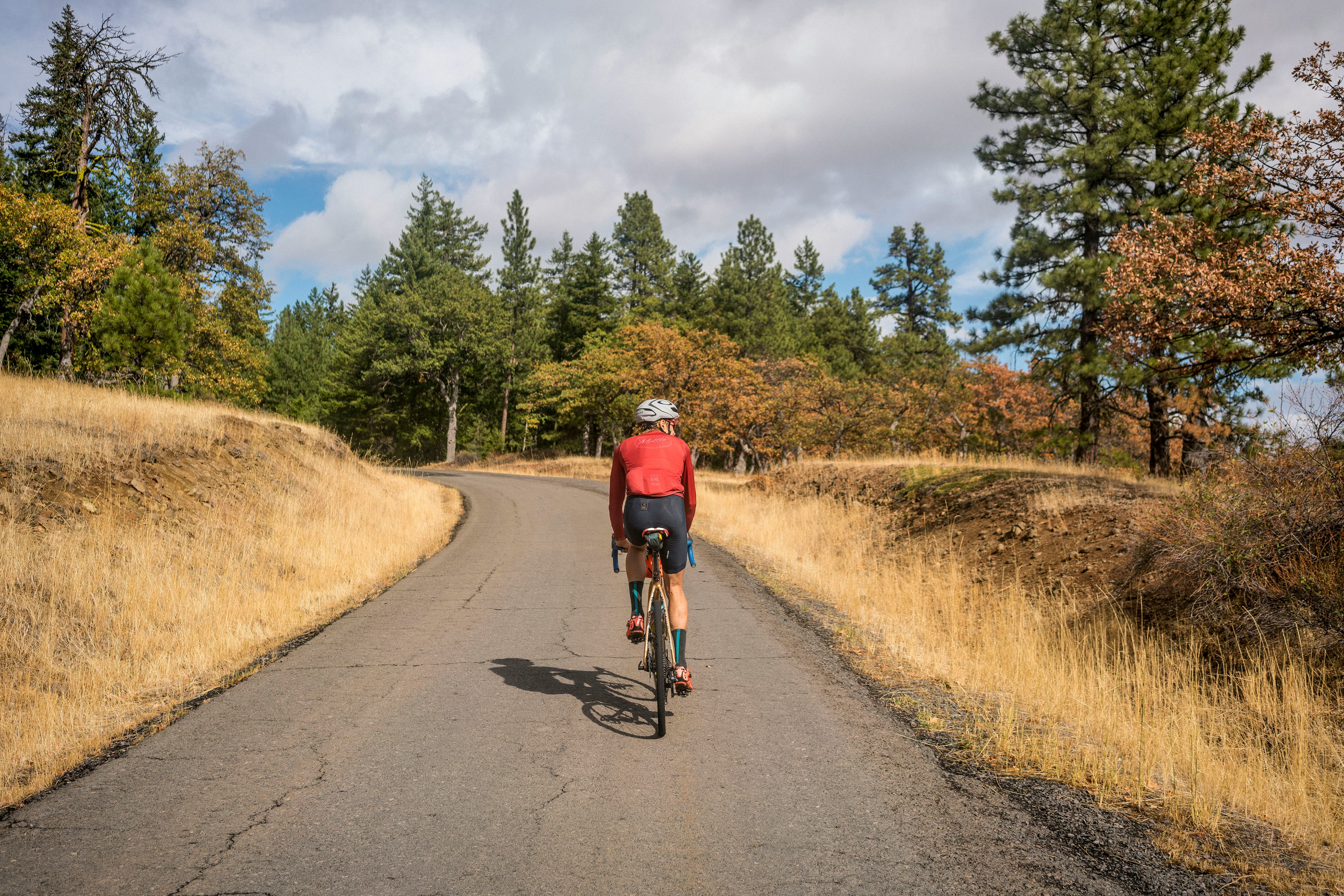 Cyclist riding a road bike outdoors in real conditions.