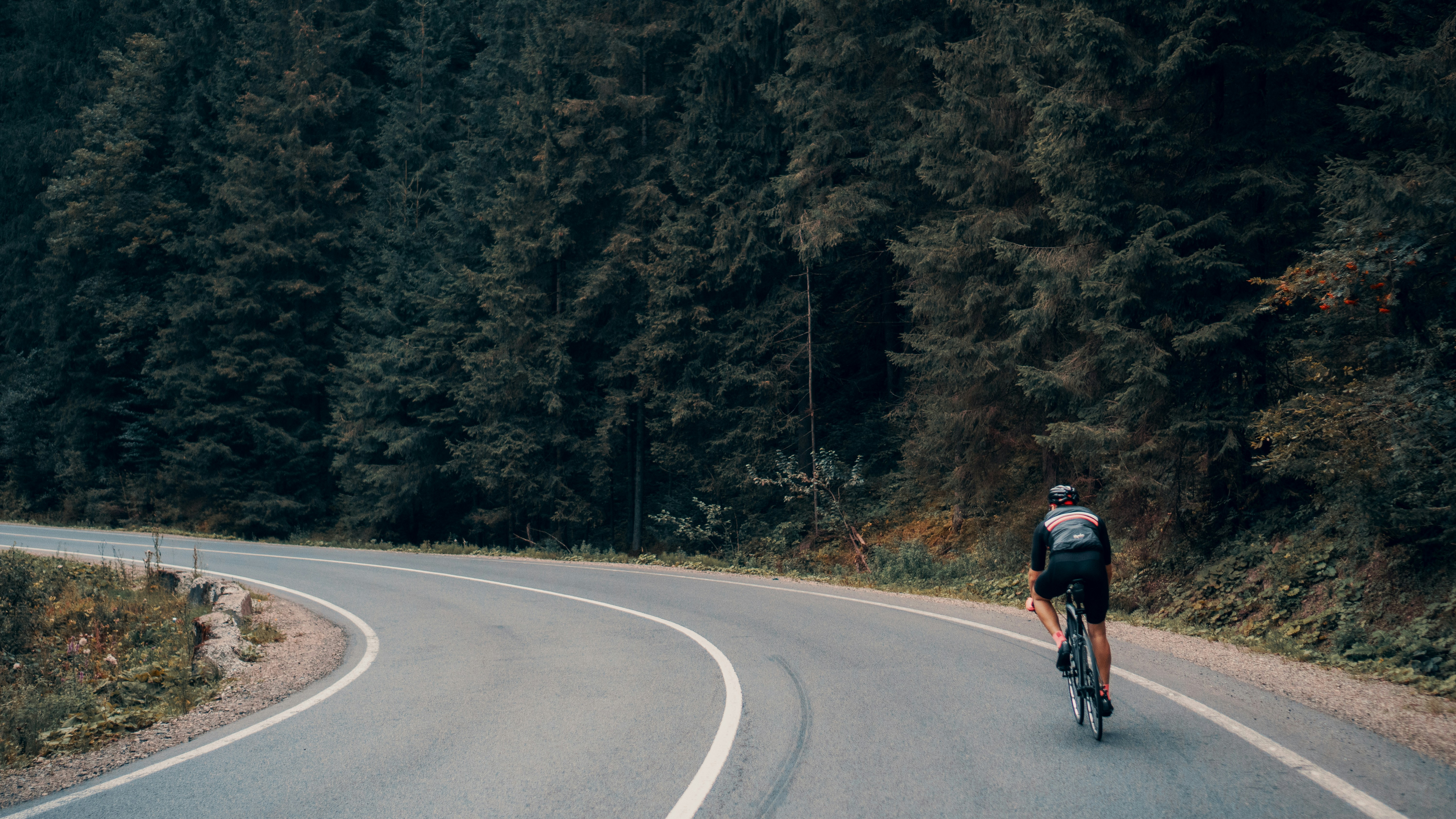 Cyclist riding a road bike outdoors in real conditions.