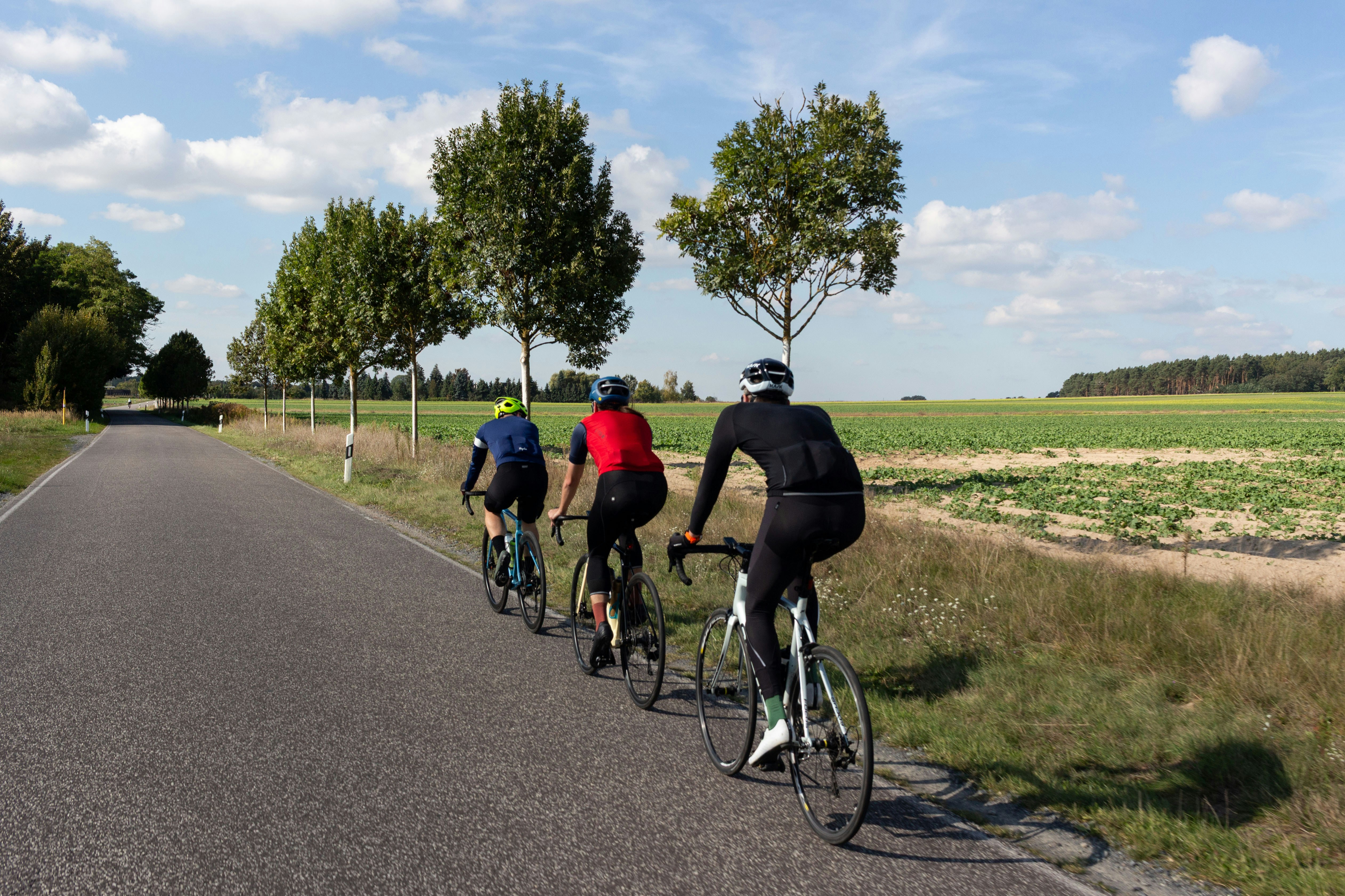 Cyclist riding a road bike outdoors in real conditions.
