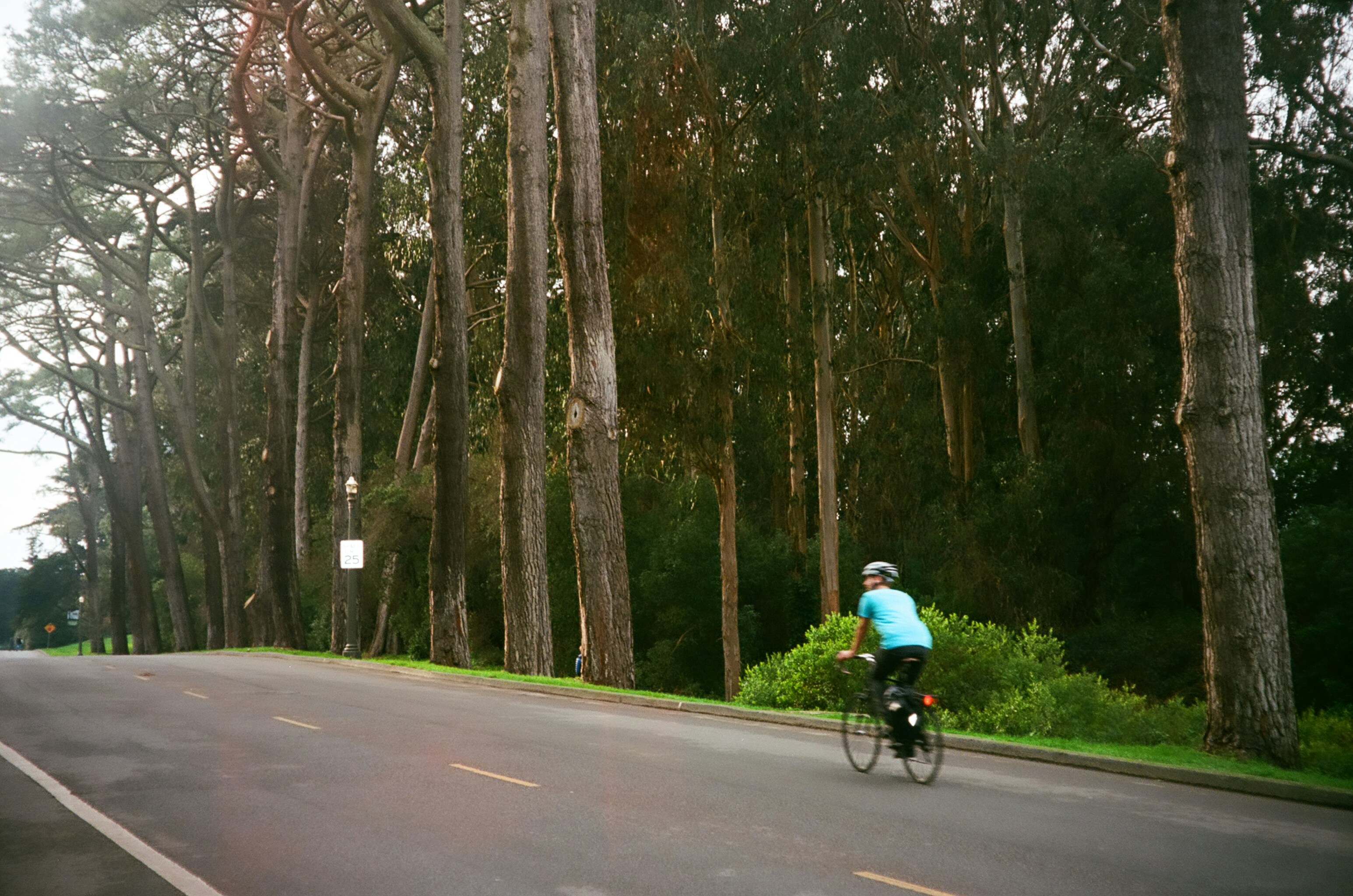 Cyclist riding a road bike outdoors in real conditions.